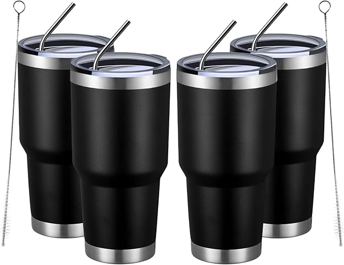 MEWAY 30oz Insulated Tumbler With Lids and Straws,Stainless Steel Double Vacuum Coffee Tumbler Cup, Brush, Durable Powder Coated Coffee Cup for Cold & Hot Drinks, Office, Travel(Black,4 PACK) - Bloomnest