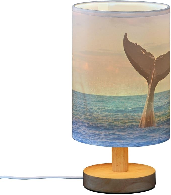 Table Lamp Humpback Whale Diving Tail Out of Sea Blue Ocean Nightstand Lamp with Wood Base Fabric Lamp Shade Bedside Desk Lamp for Living Room Bedroom Kids Room Office - Bloomnest