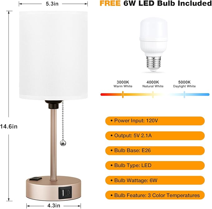 Small Bedside Table lamp for Bedroom - 3 Color Temperatures Bedside Lamps with USB C and A Ports, Pull Chain Table Lamps with AC Outlet, Gold Nightstand Lamps with White Shade for Kids Reading - Bloomnest