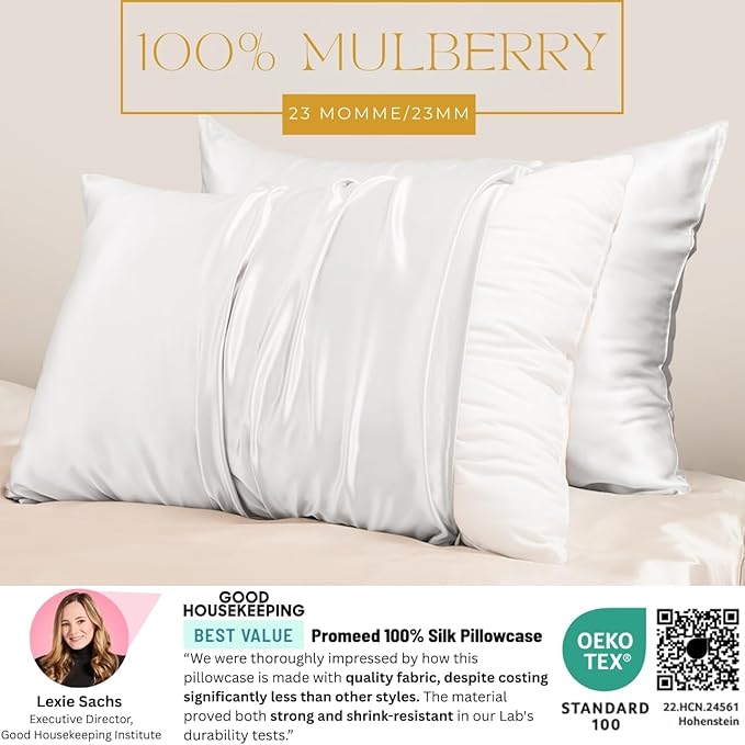 PROMEED 23 Momme Silk Pillowcase 2 Pack Toddler/Travel Size with Free Laundry Bag, Highest Grade 6A+ 100% Mulberry Silk Pillow Case Set of 2, Zipper (Toddler/Travel 13"x18", White) - Bloomnest