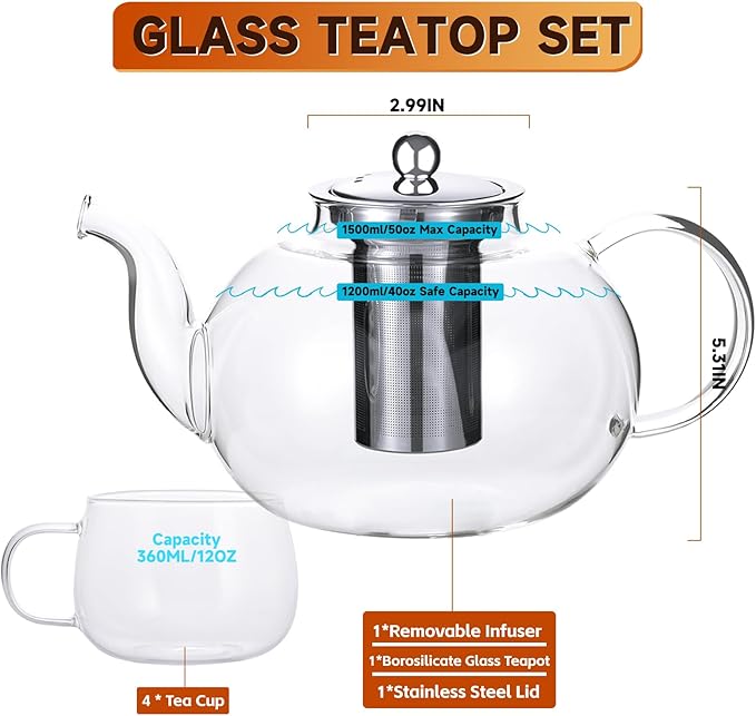 50OZ/1500ML Glass Teapot Set with 4 Teacups & Removable Stainless Steel Infuser, Stovetop & Microwave Safe Clear Tea Maker Water Kettle with 12OZ/360ML Tea Cups for Loose Leaf Blooming Tea - Bloomnest