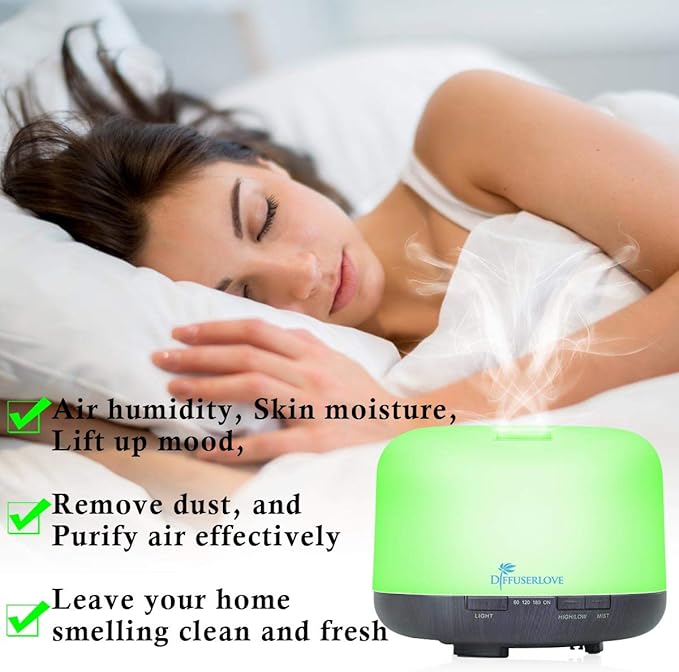 Diffuserlove Essential Oil Diffuser 500ML Aromatherapy Diffuser Mist Humidifiers 7 Color LED Lights Diffusers for Home Office Bedroom (Size:6.7" L x 6.7" W x 4.7" H) - Bloomnest