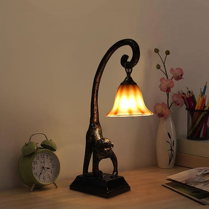 Eapmic Table Lamp, Resin Monkey Desk Lamp, Retro Bedside Light Animal Table Lamp with Trumpet Shade, Monkey Light for Bedroom Living Room Kids Room Office Home Decoration (Style 1) - Bloomnest