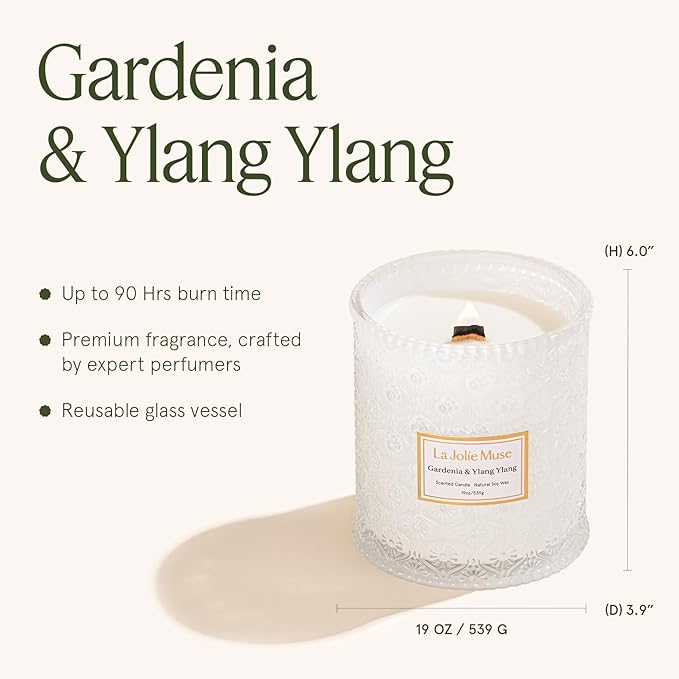 LA JOLIE MUSE Gardenia & Ylang Ylang Scented Candle – Ylang, Tuberose, Orange Blossom |19 oz Large Wooden Wick Candle | Natural Soy Wax | 90 Hours Clean Burn | Gift-Ready for Hosts - Bloomnest