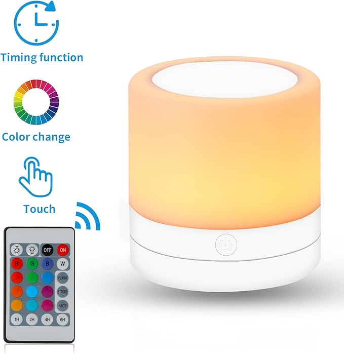 Nursery Night Light for Kids, USB Rechargeable Small Desk Lamp,13 RGB Colors & 4 Brightness & 1 Remote, Touch Bedside Cordless Table Lamp, Portable Night Lamp for Bedroom Living Room (2 Pack White) - Bloomnest