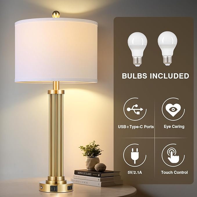 28" Tall Modern Table Lamps Set of 2 with USB C+A Ports and AC Outlet, 3 Way Touch Metal Bedside Lamps for Living Room, Gold Nightstand Lamps for Bedroom - Bloomnest
