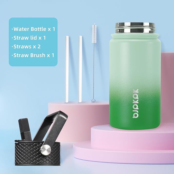 BJPKPK Water Bottle with Straw Lid, 15 oz Insulated Water Bottle, Stainless Steel Metal Water Bottles, Reusable Leak Proof BPA Free Thermo, Flask, Cups, Meadow - Bloomnest