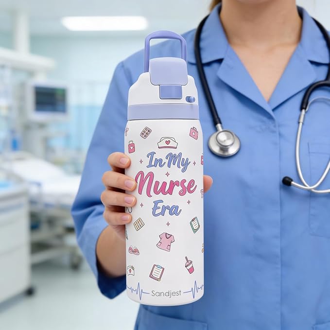 Nurse Stainless Steel Water Bottle, In My Nurse Era, Vacuum Insulated, Push-Button Lid, 32 oz, Gifts for Medical Students Women Girls Friends Teens Birthday Christmas SANDJEST