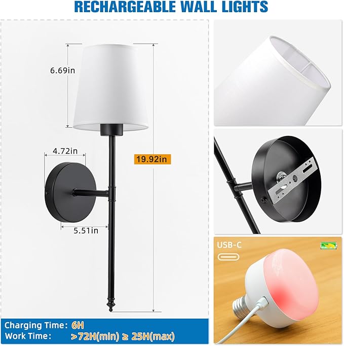 NIORSUN 19.9 inch Battery Operated Wall Sconce Set of 2,Black Rechargeable Wall Lights with 5200mAh Dimmable Detachable Bulbs and Remote,10 Colors Wireless Sconces for Bedroom Living Room Hallway - Bloomnest