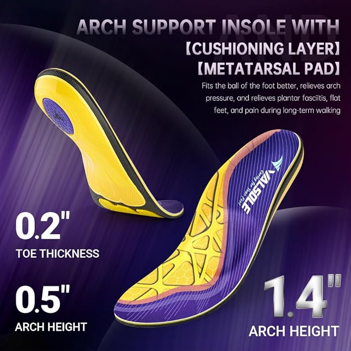 VALSOLE Heavy Duty Support Pain Relief Orthotics - 220+ lbs Plantar Fasciitis High Arch Support Insoles for Men Women, Flat Feet Orthotic Insert, Work Boot Shoe Insole, Absorb Shock with Every Step - Bloomnest