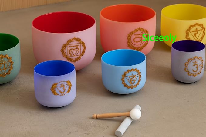 432HZ 7-12 inch Set of 7 Color Gold Powder Printing Frosted Chakra Quartz Crystal Sound Singing Bowls Healing Meditation Yogo and 2 Travel Carry Case Bag 2 Mallet Suede 2 Strikers 7 O-rings - Bloomnest