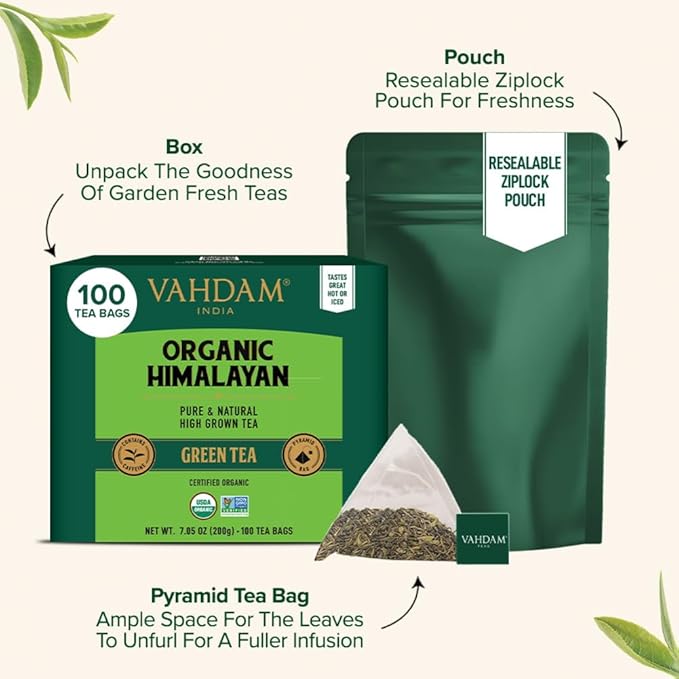 VAHDAM, Organic Himalayan Green Tea (100 Count) High Grown, Non GMO, Gluten Free, Low Caffeine | Earthy & Smooth | Resealable & Plant-Based Pyramid Tea Bags - Bloomnest