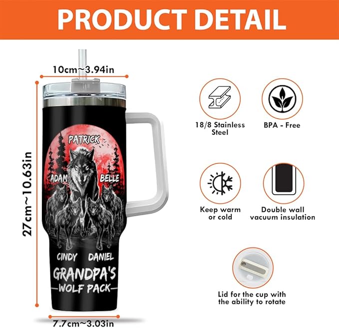 Custom Grandpa’s Wolf Pack Tumbler – Personalized Gift With Wolf Family and Grandkids’ Names – Red Moon Forest Design – Birthday or Father’s Day Mug - Bloomnest