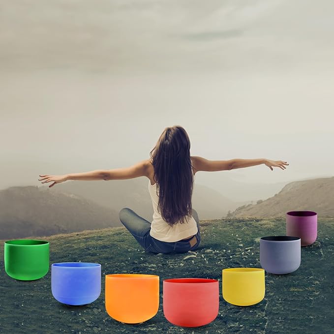 KRESEC 432Hz 6-12 Inch Crystal Singing Bowls Set of 7 – Multicolored Quartz Chakra Tuned Sound Healing Bowls for Meditation, Yoga & Reiki with Padded Cases, Suede Mallets & Silicone O-Rings - Bloomnest