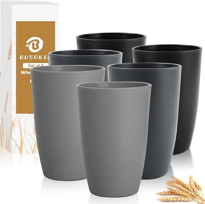Wheat Straw Cups 20 OZ Set of 6, Unbreakable Drinking Cup Reusable, Alternative to Plastic Cups Reusable, Kitchen Water Tumblers Dishwasher and Microwave Safe (Black, Grey) - Bloomnest