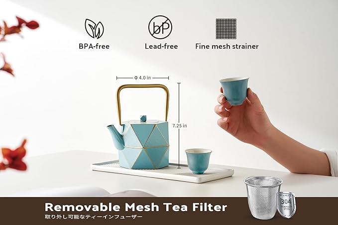 Toptier Cast Iron Teapot, Stovetop Safe Japanese Cast Iron Tea Kettle, Diamond Design Tea Pot with Removable Infuser for Loose Tea, 30 Ounce (900 ml), Blue - Bloomnest
