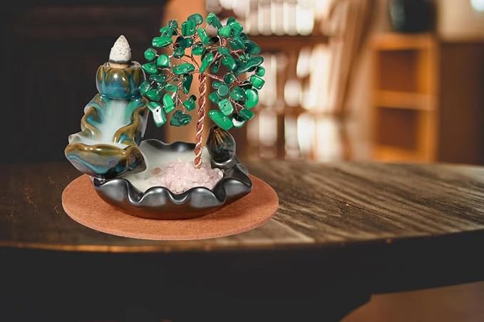Malachite Waterfall Incense Burner, Money Tree Backflow Incense Holder Healing Crystal Stone, with 30 Backflow Incense Cones + 30 Incense Stick for Yoga Meditation Home Zen Decoration - Bloomnest