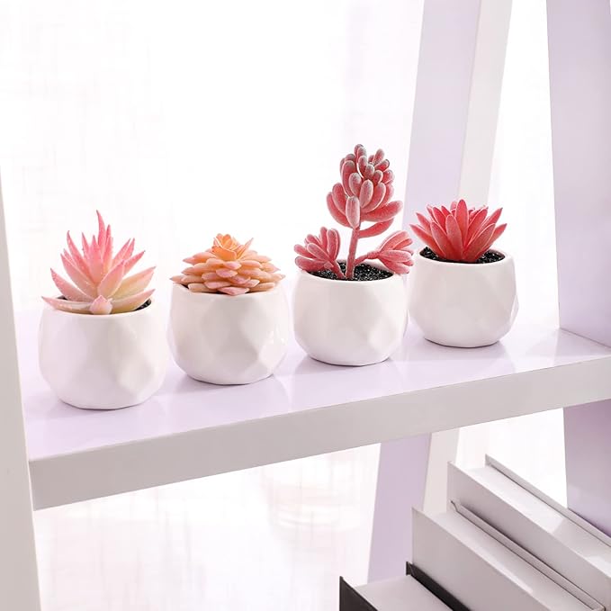 Tiita Artificial Faux Succulents in Pots, Pink Fake Plants Ceramic Arrangement Planter for Women Desk Small Mini Tiny Decoration for Home Office Desk Window 4 Set, Pink - Bloomnest