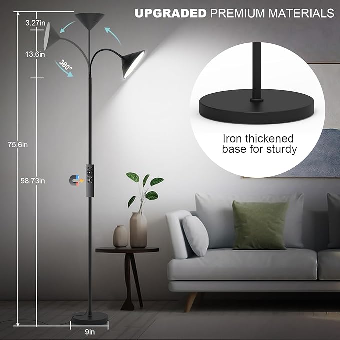76" LED Floor Lamp, 18W/1800LM Super Bright Reading Standing Lamp,Stepless Dimmable&Adjustable Color Temperature 2700K-6500K w/Remote& Touch Control Lamps for Living Room Bedroom Office Black - Bloomnest
