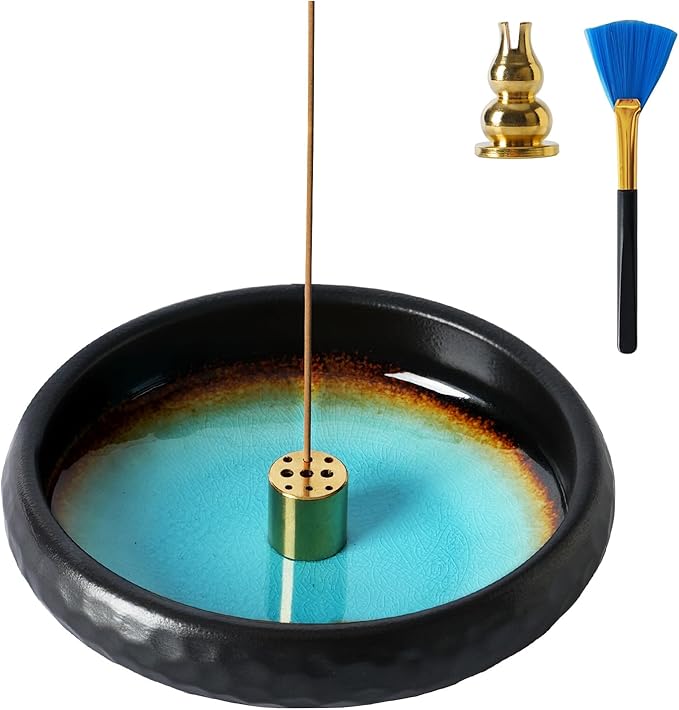 Ceramic Incense Burner,Handmade Incense Stick Incense Burner Reflux Burner,Sage, Coil Incense, Ash Catcher, Smudge Bowl for Yoga Meditation Room Décor,Crack Blue - Bloomnest