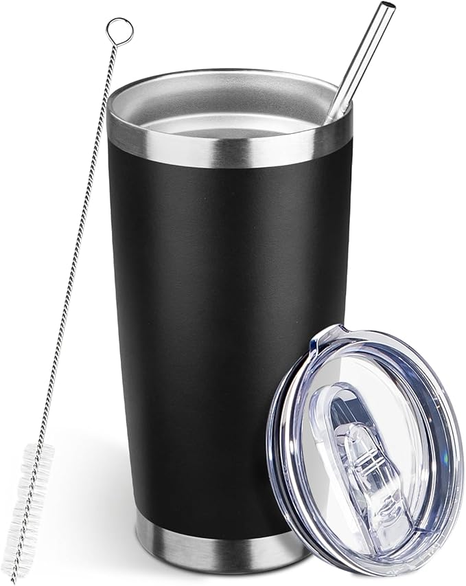 20oz Tumbler Bulk with Lid and Straw, Stainless Steel Double Wall Vacuum Insulated Travel Mug, Powder Coated Coffee Cups for Hot and Cold Drinks,Funny Gifts for Women Men(Black,1) - Bloomnest