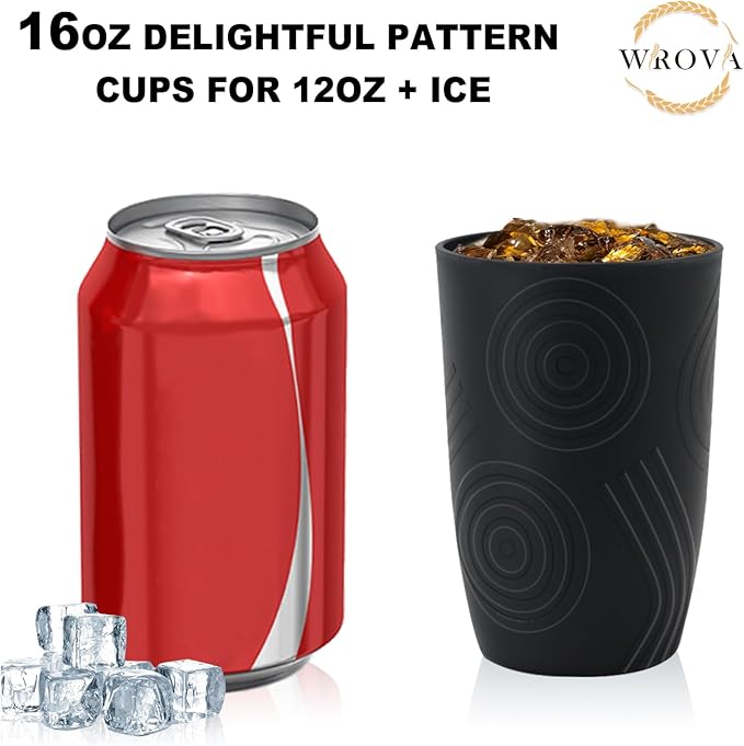Wrova Wheat Straw Cups 16oz set of 8 with Etched Pattern - Alternative Plastic Cups Dishwasher Safe - Plastic Drinking Cups Unbreakable for Kids - Pure Black - Bloomnest
