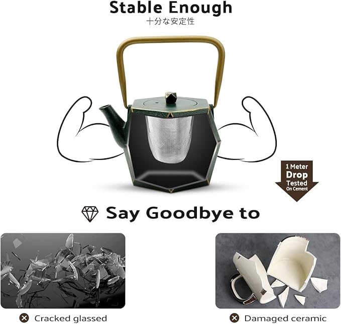 Toptier Cast Iron Teapot, Stovetop Safe Japanese Cast Iron Tea Kettle, Diamond Design Tea Pot with Removable Infuser for Loose Tea, 30 Ounce (900 ml), Dark Green - Bloomnest