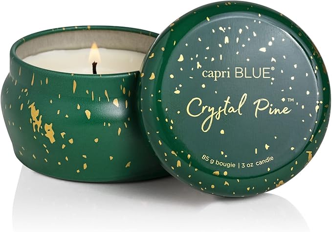 Capri Blue Glimmer Mini Tin - Crystal Pine Scented Candle with Mini Tin Candle Holder - Soy Wax Blend - Capri Blue Crystal Pine Emerald Green and Gold (3 oz) - Bloomnest