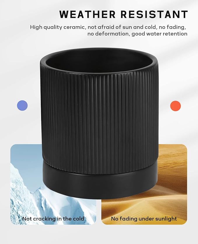 LaDoVita 3 Pack Ceramic Plant Pots 6/5/4 inch, Flowerpot for Indoor Plants with Drainage Holes and Tray, Outdoor Garden Planters, Modern Decorative for Home, Black Vertical Stripes - Bloomnest
