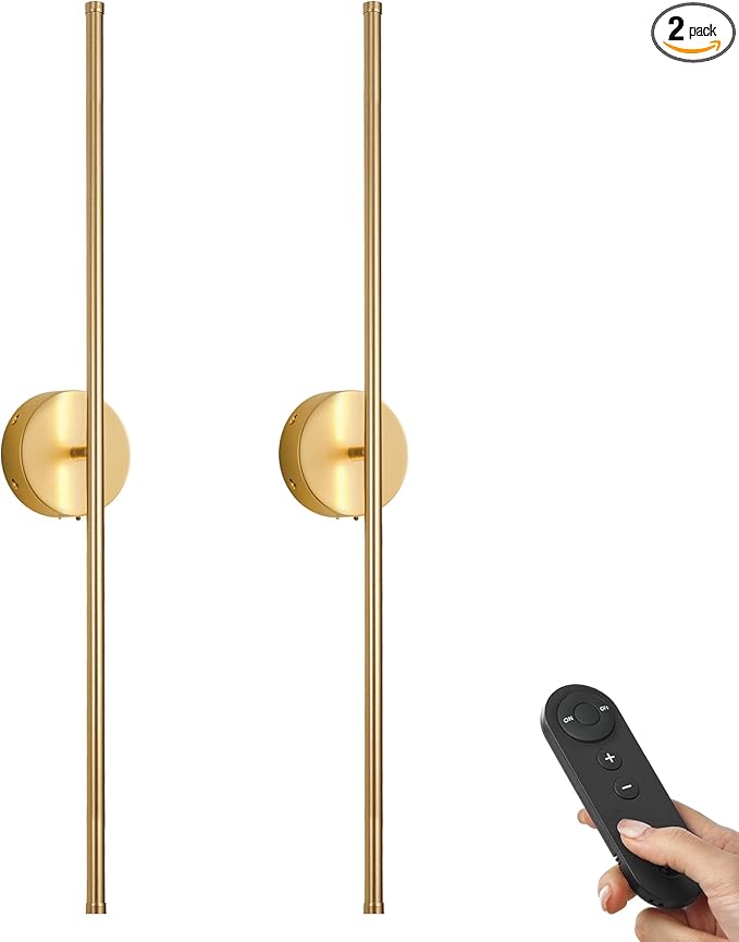 Battery Operated Wall Sconces with Remote Control, Dimmable Wall Sconces Set of Two, 350°Rotate, 3000K LED Gold Wireless Wall Light for Living Room, Bedroom, Hallway, 40.1 Inch (2 Pack) - Bloomnest