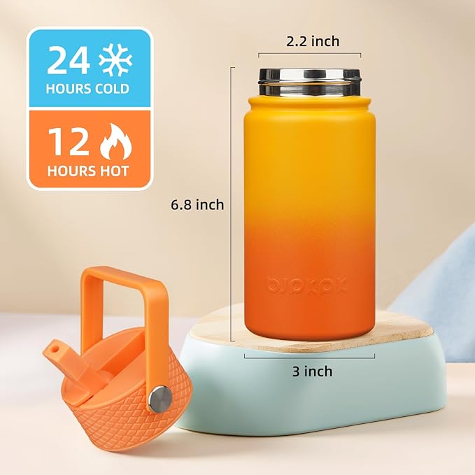 BJPKPK Insulated Water Bottle with Straw Lid, 15oz Cute Water Bottles, Stainless Steel Metal Thermo, Reusable BPA Free Leak Proof Tumblers, Cups,Sunset Orange - Bloomnest