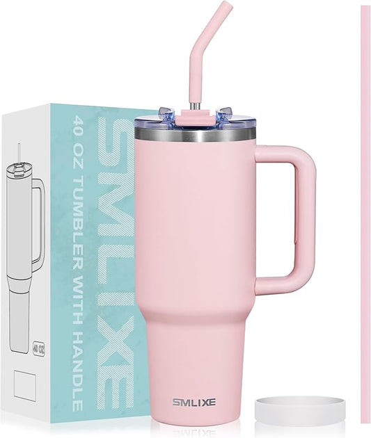40 oz Tumbler with Handle and Straw Lid,Insulated Reusable Stainless Steel Water Bottle Travel Mug，Cupholder Friendly Double Wall Vacuum Sealed Cup (Pink) - Bloomnest