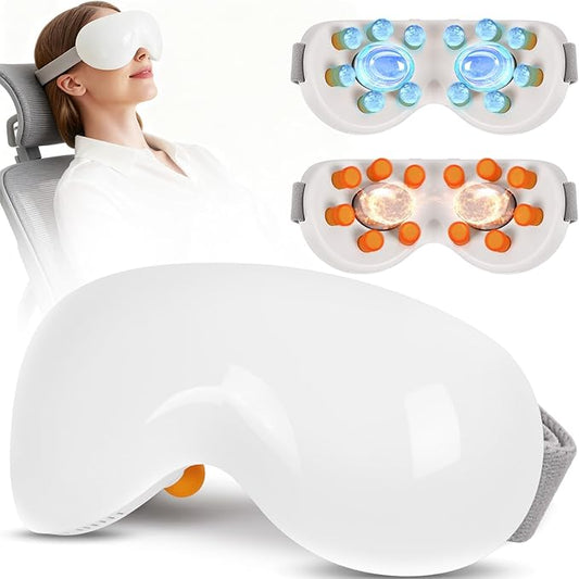 Eye Massager with Heat and Cooling for Migraines – 14 Massage Nodes for Eye Strain Relief, Rechargeable Bluetooth Music, Improve Sleep,Eye Strain Relief, Birthday Gifts for Women and Men(White) Bloomnest