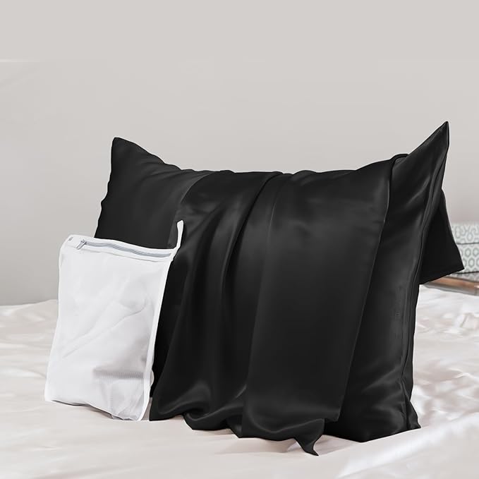 PROMEED Upgraded Grade 6A+ Black Silk Pillowcase with Zipper, 23 Momme Natural Mulberry Silk Pillow Cases for Hair and Skin - Easy Care with Free Laundry Bag (Standard 20"x26", Black) - Bloomnest