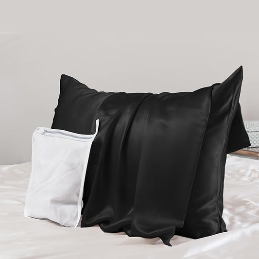 PROMEED Upgraded Grade 6A+ Black Silk Pillowcase with Zipper, 23 Momme Natural Mulberry Silk Pillow Cases for Hair and Skin - Easy Care with Free Laundry Bag (Standard 20"x26", Black) - Bloomnest