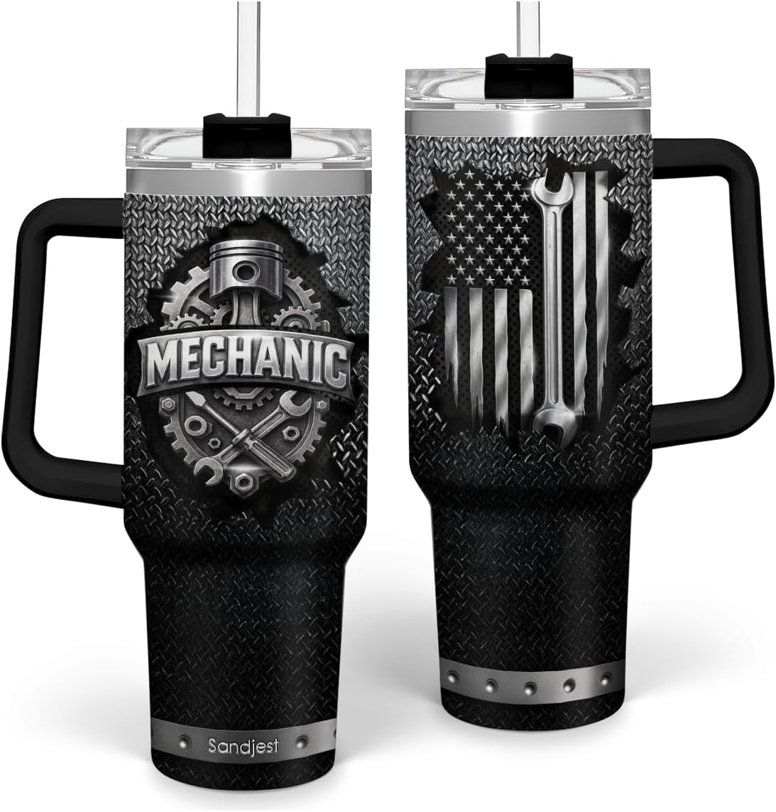 SANDJEST Mechanic Gift for Men, 40oz Stainless Steel Insulated Coffee Tumbler With Lid & Straw, Travel Mug Gift for Dad Husband, Christmas Birthday Father's Day
