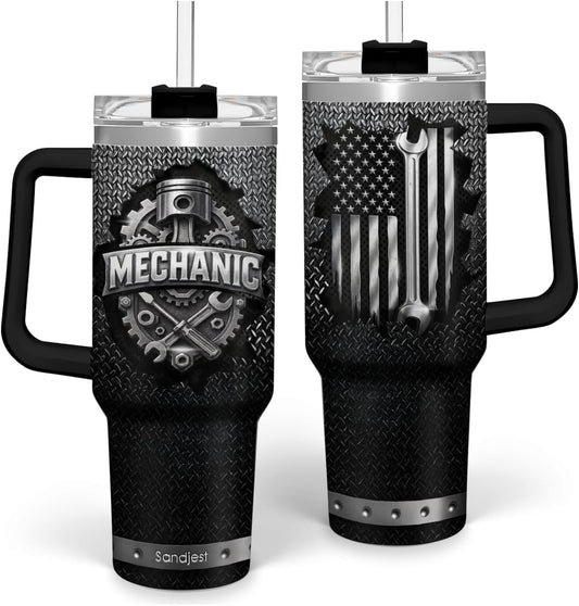 SANDJEST Mechanic Gift for Men, 40oz Stainless Steel Insulated Coffee Tumbler With Lid & Straw, Travel Mug Gift for Dad Husband, Christmas Birthday Father's Day