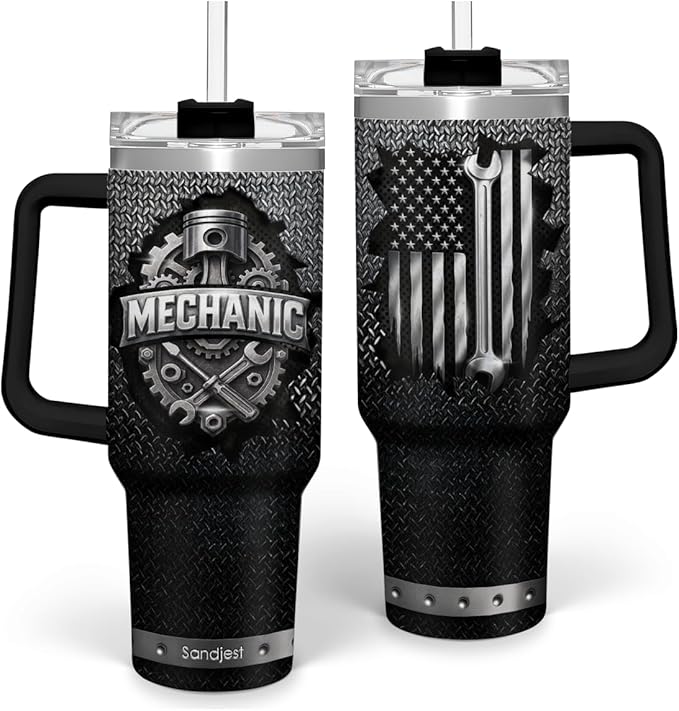 SANDJEST Mechanic Gift for Men, 40oz Stainless Steel Insulated Coffee Tumbler With Lid & Straw, Travel Mug Gift for Dad Husband, Christmas Birthday Father's Day - Bloomnest