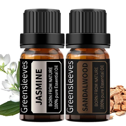 GREENSLEEVES Sandalwood Jasmine Essential Oil Set, 2 x 10ml Pure Plant-Based Fragrance Oil for Aromatherapy, Essential Oils for Diffuser, Massage, Bath Bomb, Scented Candle Soap Making GREENSLEEVES