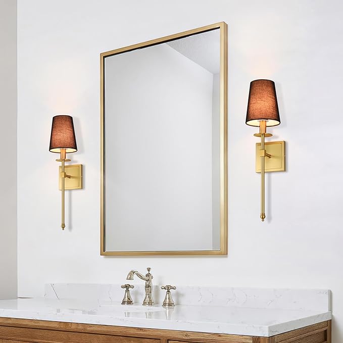 XiNBEi Lighting Wall Sconces Set of 2, Hardwired Brushed Brass Sconce Lighting with Black Fabric Shade Modern Wall Mount Light Fixture for Bathroom Bedroom Living Room Hallway XB-W1307-BS - Bloomnest