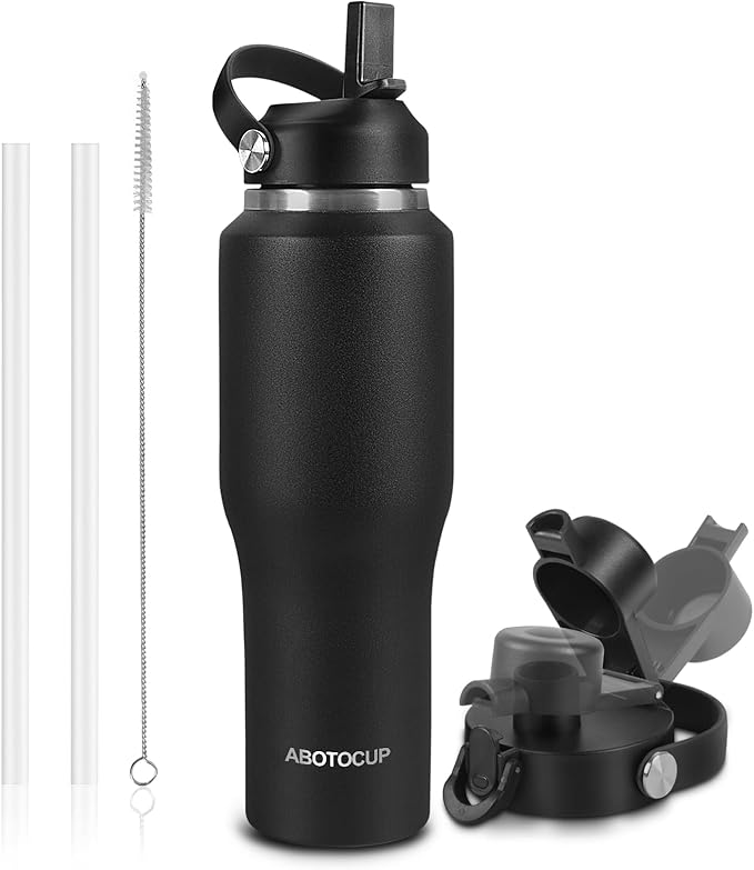 32oz Black Water Bottle Stainless Steel, Keep Cold 24H&Hot 12H, Water Bottle with Straw&Spout Lids, Insulated Water Bottle Double Wall Vacuum, Fit in Any Car Cup Holder, Leak-proof BPA Free - Bloomnest