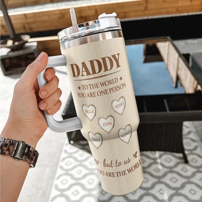 Personalized Dad Tumbler with Handle – Custom Name Mug with Heart Design – You Mean the World to Us Quote – Father's Day, Birthday Gift from Kids - Bloomnest
