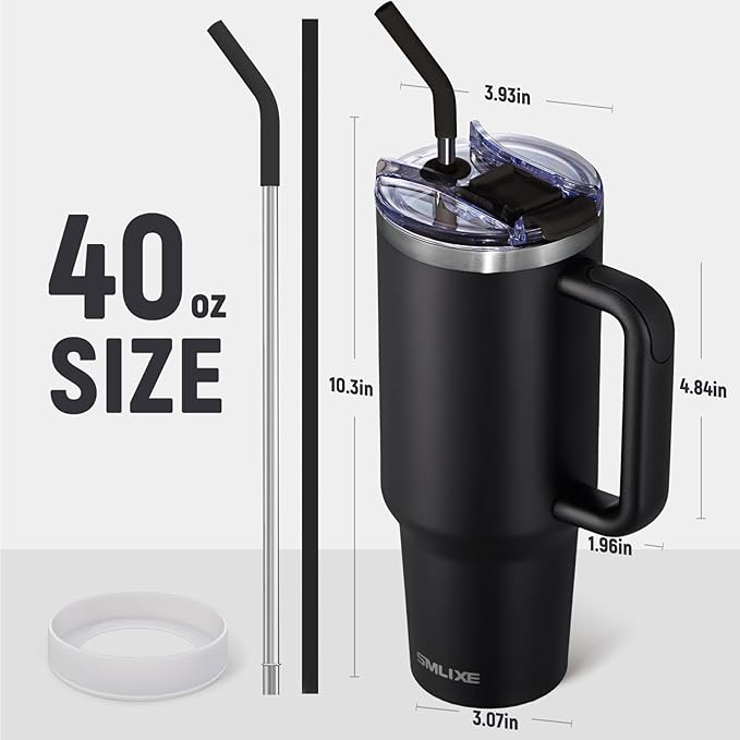 40 oz Tumbler with Handle and Straw Lid,Insulated Reusable Stainless Steel Water Bottle Travel Mug，Cupholder Friendly Double Wall Vacuum Sealed Cup (Black) - Bloomnest