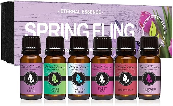Eternal Essence Oils Spring Fling Set of 6 Premium Fragrance Oils - Includes Sweet Grass, Lilac & Lilies, Lavender Breeze, Sweet Pea, Honeysuckle and Enchanted Orchid Scented Oils - 10ML - Bloomnest