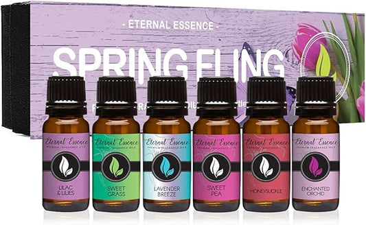 Eternal Essence Oils Spring Fling Set of 6 Premium Fragrance Oils - Includes Sweet Grass, Lilac & Lilies, Lavender Breeze, Sweet Pea, Honeysuckle and Enchanted Orchid Scented Oils - 10ML - Bloomnest