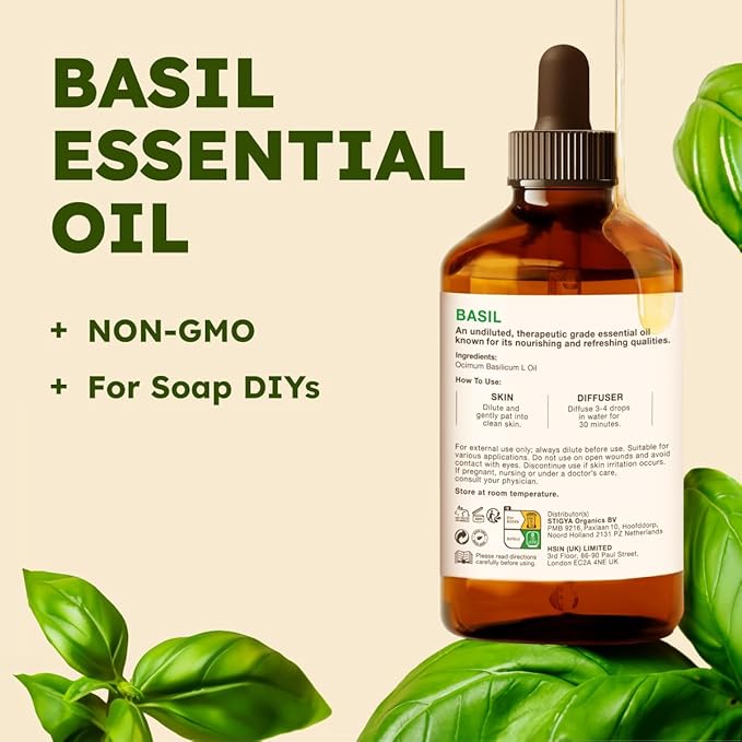 KUKKA Basil Essential Oils - 4 Fl Oz - for Hair, Skin, Diffuser, Aromatherapy & DIY Soap Making Scent - Bloomnest