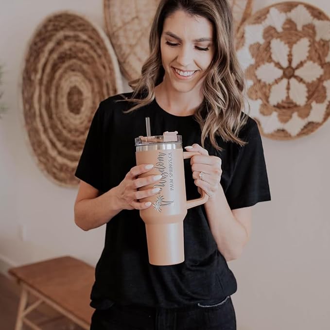 Personalized Tumbler with Handle, Custom 40oz Insulated Stainless Steel Travel Mug Coffee Cup with Engraved Name and Straw Lid, Personalized Gifts for Birthday, Anniversary - Bloomnest