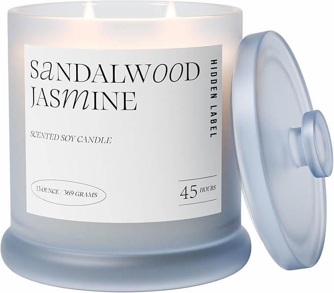 Sandalwood Jasmine Scented Candle, 2 Wicks, 13oz Natura Soy Wax Non Toxic, Large Candles for Home Scented, 75Hs Long Lasting Clean Burn | Aromatherapy Candle for Home Decor, Stress Relief & Relaxation - Bloomnest