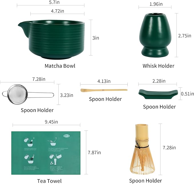 Matcha Whisk Set,Matcha Making Set with Dark Green Bowl,Matcha Whisk Holder, Stainless Sifter & Scoop, Tea Towel,Traditional Matcha Tea Set for Ceremony,Dark Green,7Pcs - Bloomnest
