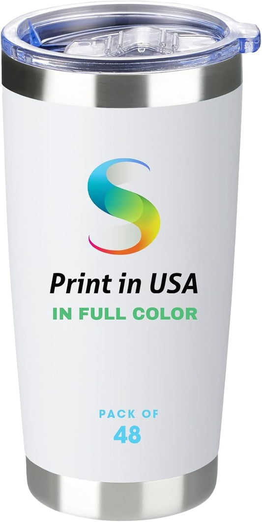 Personalized Custom Print in USA Tumbler 48Pcs 20oz Stainless Steel Double Wall Coffee Cup with Lid & Straw Insulated Tumbler with Colorful Text Logo Photo